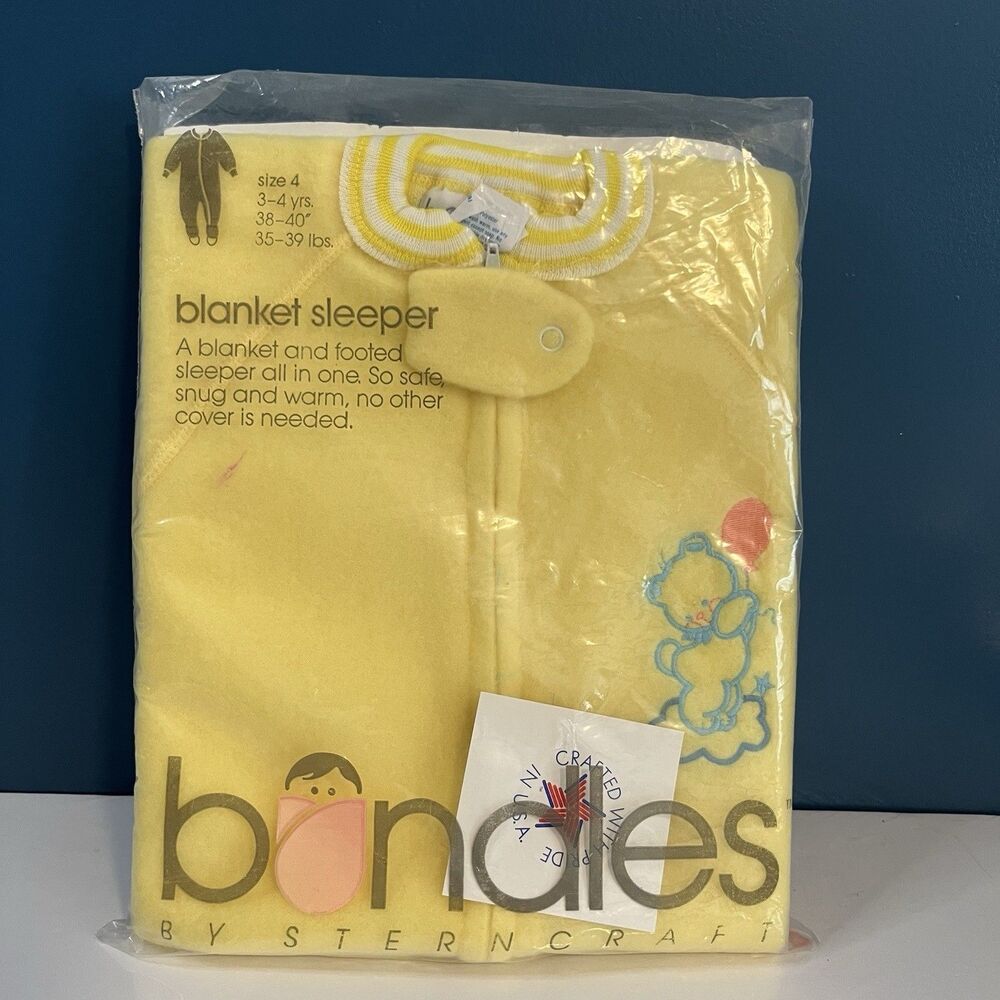 Vintage Bundles Sleeper Footed PJ’s Size 4 Yellow Teddy Bear USA NEW 3-4yrs